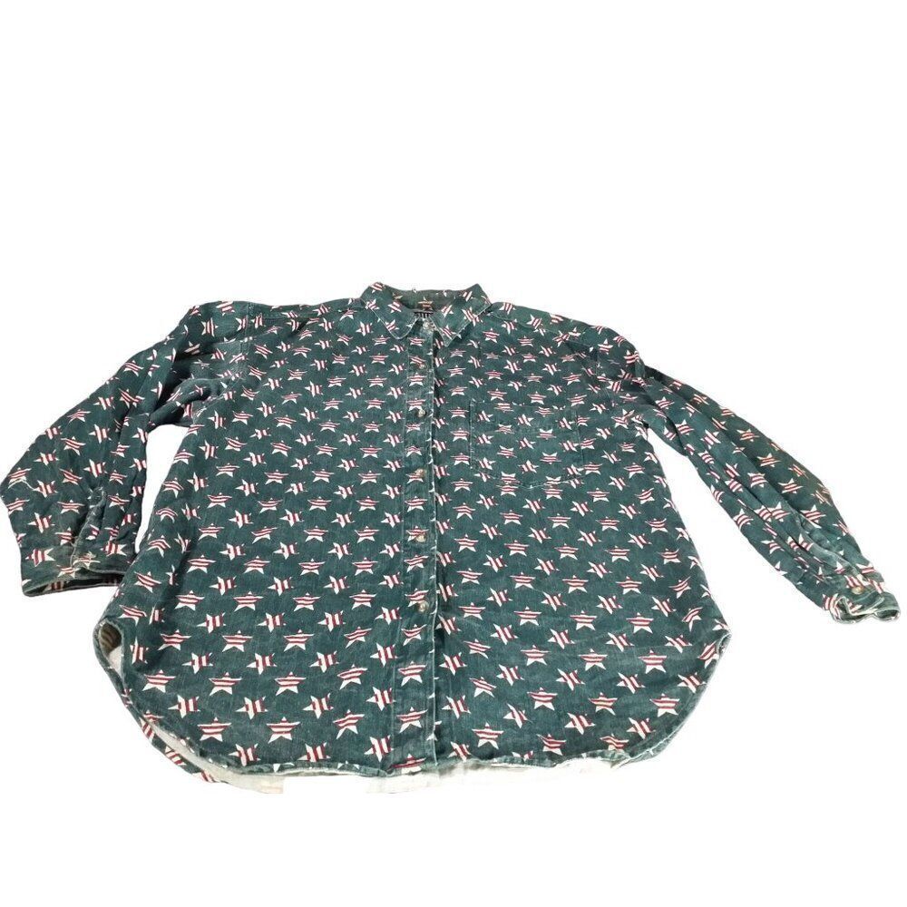 Vintage Quizz New York Button Up Men‎ Sz L All Over Print Stars Workwear